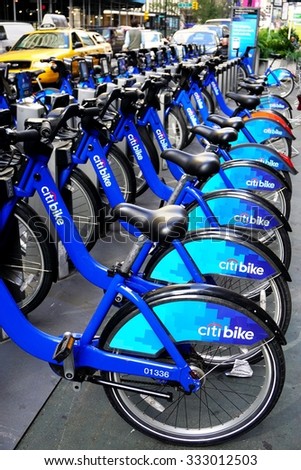 NEW YORK CITY -24 OCTOBER 2015- Shared bikes are lined up in the streets of New York City. Citi Bikes, launched in May 2013, has over 330 stations and 6,000 bikes throughout New York City.