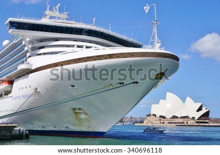 SYDNEY, AUSTRALIA -17 DEC 2014- Giant cruise ship in the Sydney Harbour near the landmark opera.