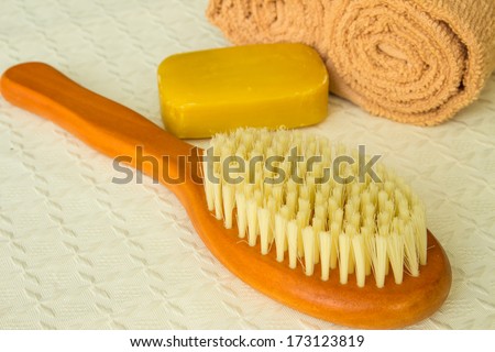 Close up image of wooden body brush against on white background