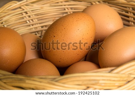 Close up of eggs in basket  on bamboo mat for  cook.