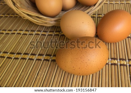 Close up of eggs in basket  on bamboo mat for  cook.