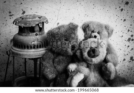 Still life with teddy bear family old lamp, Happy family concept,black and white version
