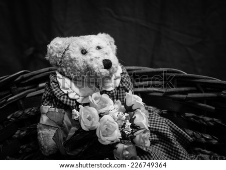 Teddy bear  with rose in the basket loneliness wait concept,still life,black and white