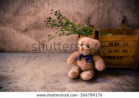 Teddy bear with box in room, Still life vintage effects style