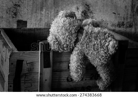 Teddy bear in box ,Still life photography on  abandon concept, black and white effects filter