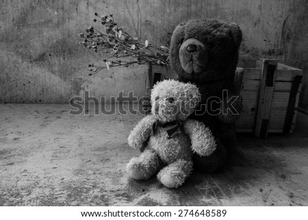 Still life with two teddy bear   in room,black and white style filter effects,love concept