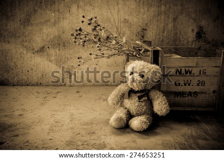 Teddy bear with box in room, Still life vintage effects style,Sad concept