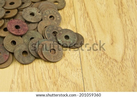 Old ancient coins of Thailand made from copper place top left with wood background.