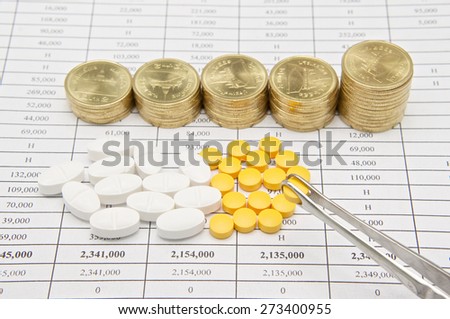 Holding forceps pinch yellow pill with step pile of gold coins on finance report.