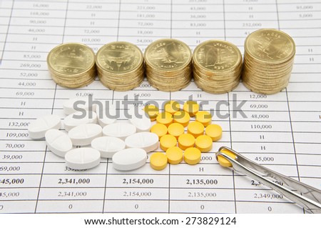 Silver forceps pinch yellow pill with step pile of gold coins on finance report.
