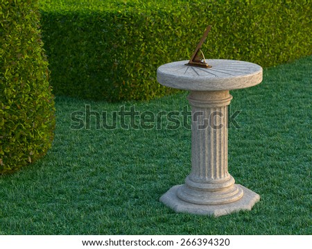Sundial / Sun Clock with Gnomon on Grass Plot. Antique Style. Marble and Bronze. CG image