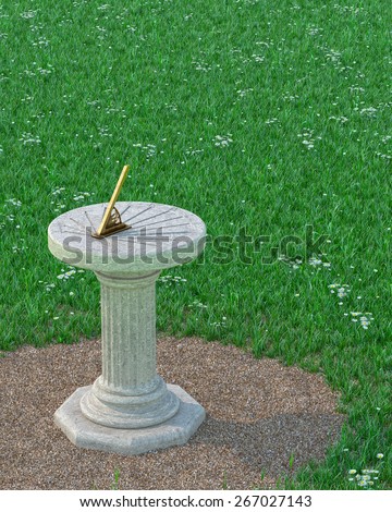 Sundial / Sun Clock with Gnomon on Grass Plot. Antique Style. Marble and Bronze. CG image