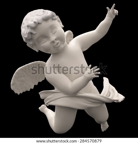 Marble Angel Chubby Male Child Winged. Baroque Putto Figure. Cherubim. Isolated on Black