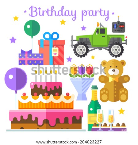 Vector color flat illustrations holiday birthday party: gifts, bows, teddy bears, toy car, remote control, balloons, cake, candles, candy, drink, champagne, glasses,bouquet of flowers on a white