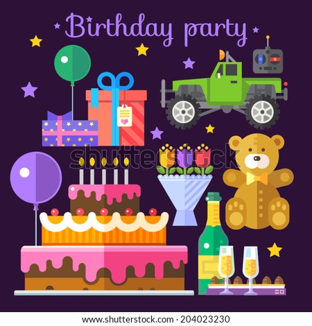 Vector color flat illustrations holiday birthday: gifts, bows, teddy bears, toy car, remote control, balloons, cake, candles, candy, drink, champagne, glasses,bouquet of flowers on a dark background