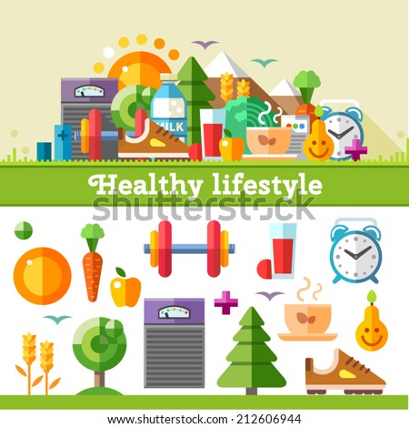 Healthy lifestyle. Vector flat icon set, illustration: sport, running ...
