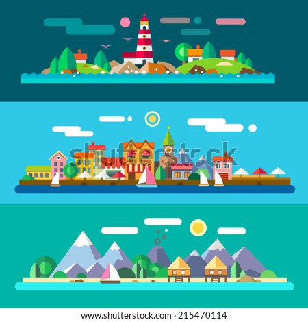 Landscapes by the sea: lighthouse and rocks, city embankment, beach resort. Vector flat illustrations