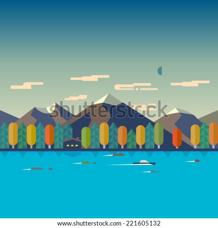 Color vector flat  illustrations autumn landscape. Mountain, river, forest, boat, house