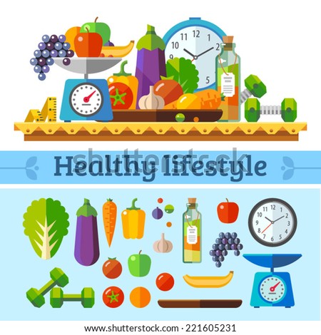 Healthy lifestyle a healthy diet and daily routine Vector flat illustration Healthy lifestyle a healthy diet and daily routine Vector flat illustration
