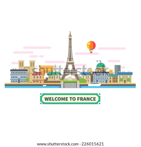 Welcome to France. Attractions of Paris, the Eiffel Tower landscape, balloon. Vector flat illustration