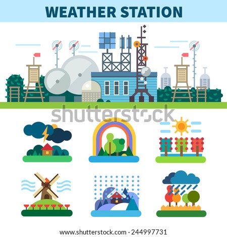 Weather station. Seasons. Rain, wind, storm, sun, clouds, snow, fog. Vector flat illustrations