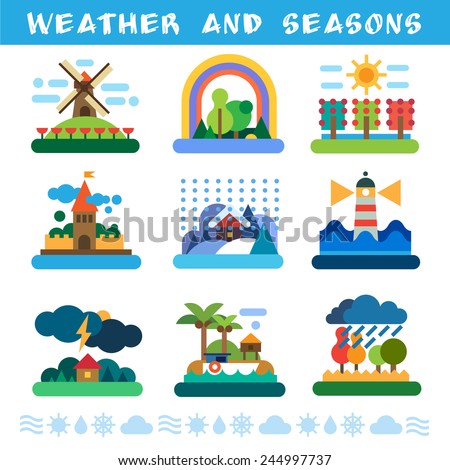 Weather and seasons. Rain, wind, storm, sun, clouds, snow, fog. Vector flat illustrations