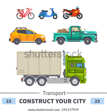 Different ground transportation: truck, car, motorcycle, moped, bike, van. Set of elements for construction of urban and village landscapes. Vector flat illustration