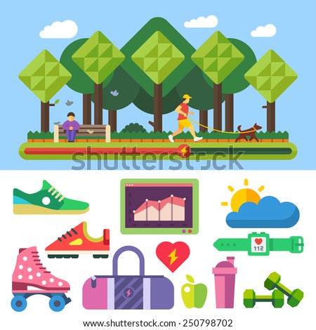 Sports, running, healthy lifestyle, exercise, fitness, proper nutrition, nature, good weather, park. Vector flat illustrations and icon set.
