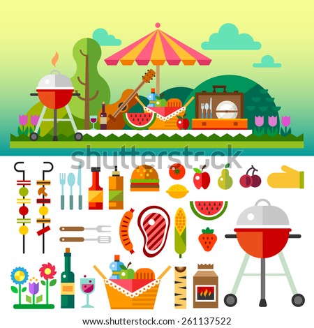 Summer picnic in meadow with flowers: umbrella, guitar, basket with food, fruits, barbecue.\
Vector flat  illustrations and set of element