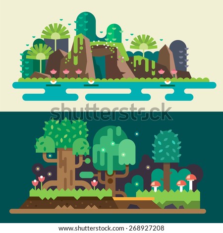 Tropical and  forest landscapes: stones, lake, flowers, trees, grass, bushes, mushrooms. Magical nature. Backgrounds for game. Vector flat illustrations