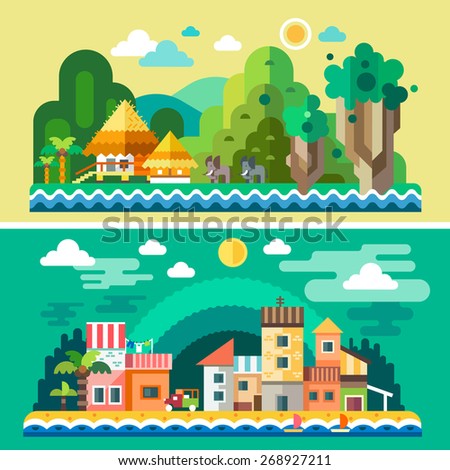 Summer landscape: sea, sun, beach, sand, tropical island, palm trees, elephants, bungalows, houses, quay. Background for site or game. Vector flat illustrations