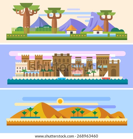 African landscapes: Savannah, houses, mountains, baobabs, desert, sun, sand, pyramids, palm trees, city, sea, boats. Background for site or game. Vector flat illustrations
