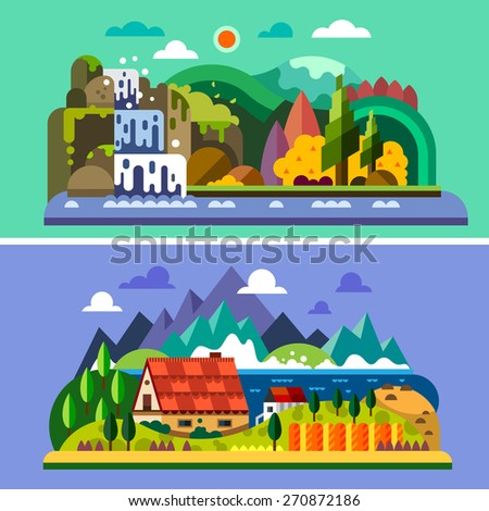 Village landscape: house in mountains, river, sea, waterfall, forest. Vector flat illustrations