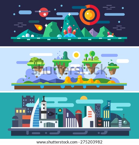 Landscapes of the future, new technologies and climate change. Space, planets, sun, magic crystals, mountains, flying islands, aliens, gravity, futuristic city. Vector flat illustration