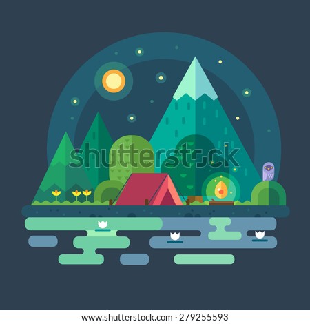 Night landscape in the mountains. Starry sky. Solitude in nature by river. Overnight in a tent. Hiking and camping. \
Vector flat illustration