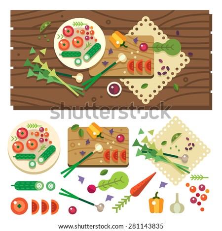 Dining table with vegetables top view. Diet. Vegetarian food. Cooking in kitchen, vegan salad in process. Vector flat illustration