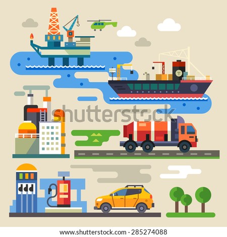 Oil rig, transportation, car refueling. Industry and environment. Color vector flat illustration