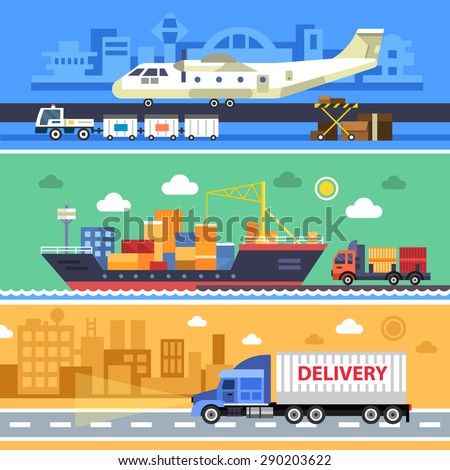 Shipping transport, delivery. Land, water and air types of transportation. Aircraft, ships and truck vector flat illustrations.