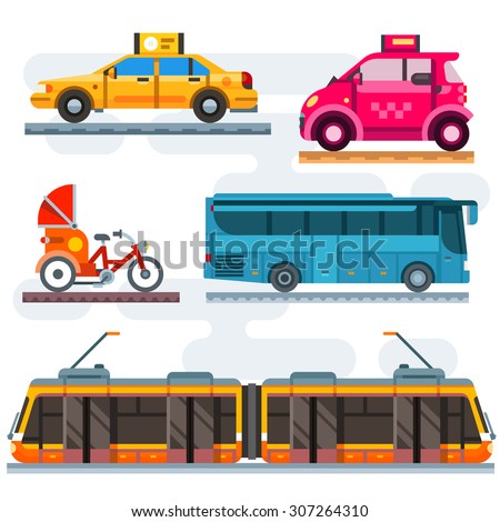 City transport set. Public transport: taxi, bus, subway, train. Personal transport: car, bike, moped, motorcycle. Vector flat illustrations