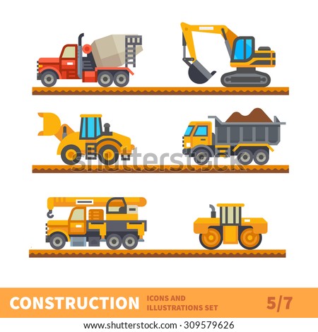 Construction set. Transport  for construction. Transport of gravel, concrete workpiece, asphalting. Vector flat illustration