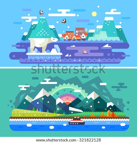 Alaska skylines: winter nature, polar bear, ship, Pacific Ocean, mountains, sea, snow, north. 2 Sets of vector  flat colorful illustrations.