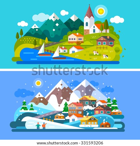 Nice Alps landscapes. Mountain and Lake views: chapel, boats on a lake, cows roaming on  the alpine meadows, snow mountains, snowboarding people, alpine village, Stock vector illustration flat set.