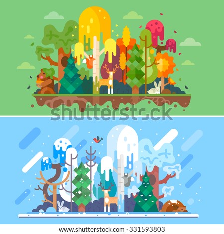 Autumn and winter forest landscapes with same animals. Seasons: autumn trees withs yellow and red-colored leaves, winter snowbound trees, rabbit, hare, bear, squirrel, deer. Flat vector illustration.