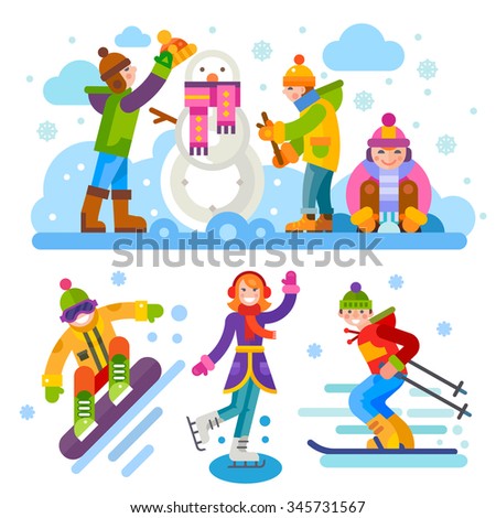 Winter people characters and landscapes: children make  snowman, snowboarder, girl skating, boy skiing. Vector flat illustration
