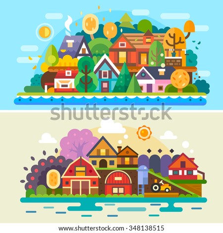 Pretty village summer and autumn landscapes: different cute and cozy houses, farm landscape, rural scenery. Flat vector illustration stock set.