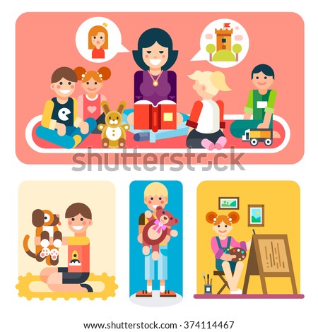Happy people in the kindergarten. Happy children studying with a wise teacher. Boy playing with dog, girl making a beautiful painting. Flat vector illustration set.