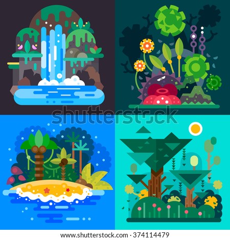Four Fantastic jungle landscapes with a tropical bushes, paradise island, mystical waterfall and rain forrest. Flat vector illustration set.