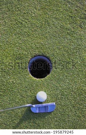 Golf ball and putter on golf green.