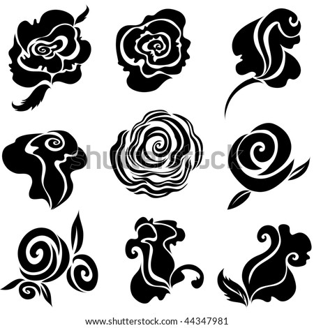 rose flower drawing. Set of black rose flower