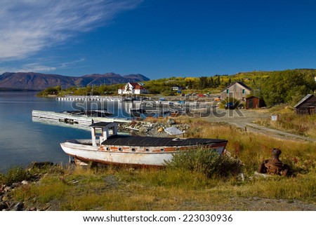 Old wooden boats and docks, historic gold rush village of Atlin, northwestern British Columbia
